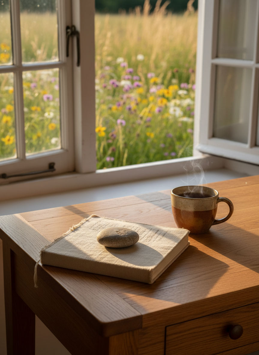 A small wooden writing desk made of warm, honey-toned oak stands beside an open window in an old farmhouse. On the desk rests a linen-bound journal, a smooth river stone used as a paperweight, and a simple clay mug with herbal tea, faint steam rising. Outside the window, an unfocused garden of wildflowers and tall grasses suggests slow, unhurried growth. Late afternoon light pours in, golden and soft, casting long, gentle shadows and catching the texture of the linen and grain of the wood. Photographic realism, shot at eye level with a shallow depth of field, keeps the journal in crisp focus while the garden blurs into a peaceful bokeh. The mood is calm, contemplative, and quietly resistant to hustle culture.