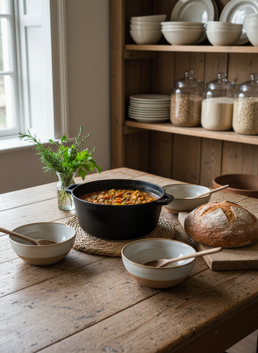An old-fashioned kitchen table made of worn pine sits in the center of a simple country kitchen. On it, a heavy cast-iron pot filled with hearty vegetable stew rests on a woven trivet, surrounded by imperfect handmade ceramic bowls, a loaf of rustic bread on a wooden board, and a small vase of just-picked herbs. The background reveals open shelving with neatly stacked stoneware and glass jars of grains. Soft overcast daylight filters through a nearby window, creating diffused, even light with minimal shadows, emphasizing textures instead of gloss. Photographic realism, captured from a slightly elevated angle, frames the table using the rule of thirds, with the pot as the quiet focal point. The atmosphere feels nourishing, communal, and gently defiant of fast food and rushed dinners.