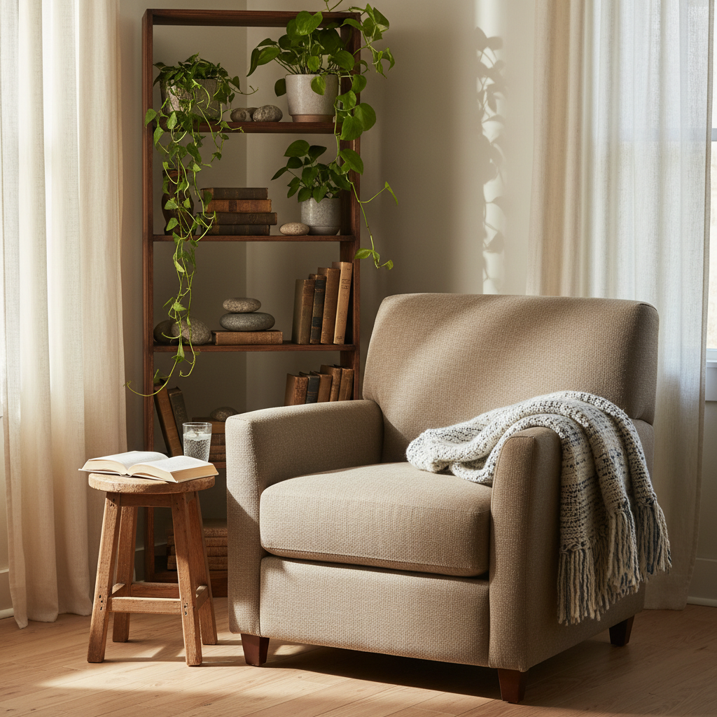 A cozy reading nook occupies a sunlit corner of a small living room, centered on a deep, overstuffed armchair upholstered in natural oatmeal-colored linen. A woven wool blanket is draped casually over one arm, and an open book rests spine-up on a low reclaimed-wood stool beside a simple glass of water. Behind the chair, a tall open shelf holds potted greenery, stacks of well-loved books, and a few river stones collected from walks. Morning sunlight streams through gauzy curtains, creating soft rectangles of light on the wooden floor and casting delicate plant shadows on the wall. Photographic realism, shot from a three-quarter angle with a shallow depth of field, keeps the chair and book sharp while the plants blur slightly. The mood is serene, introspective, and quietly luxurious in its slowness.